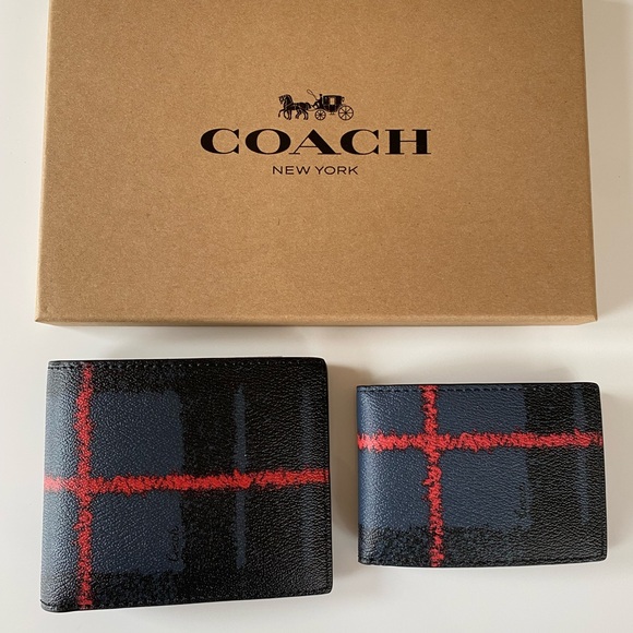 NWT Coach Window Pane Plaid Men’s Wallet Navy/Multi - Picture 2 of 9